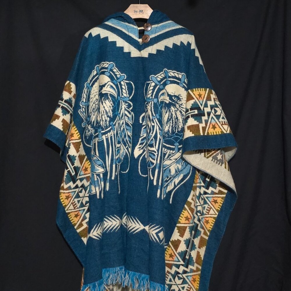 Made in Ecuador 2 Button Hooded Poncho - Blue White Eagle - OSFM